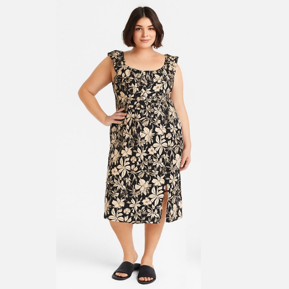 A464 • Black Floral Midi Dress with Ruffle Sleeves & Slit